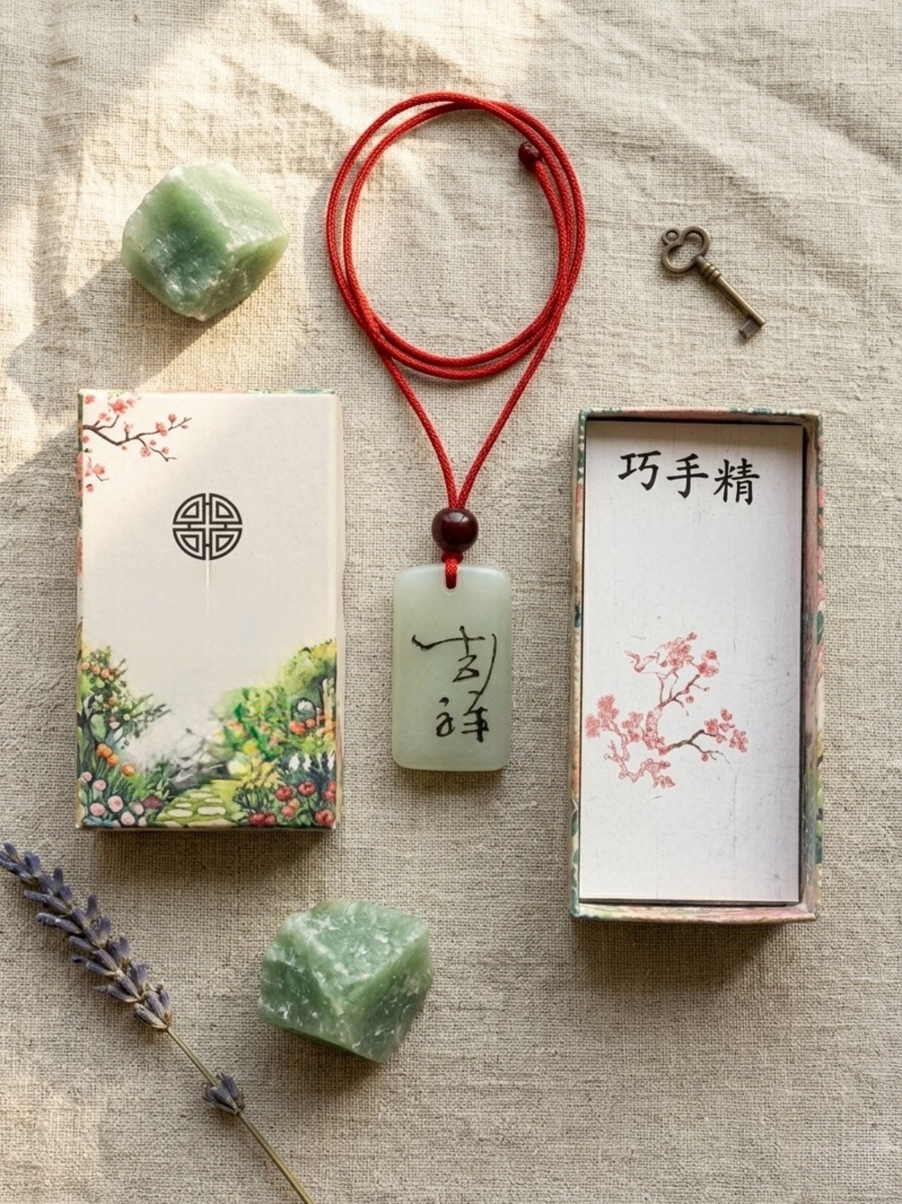 NWT Chinese Jade Stone Talisman Pendant Necklace Hand Carved